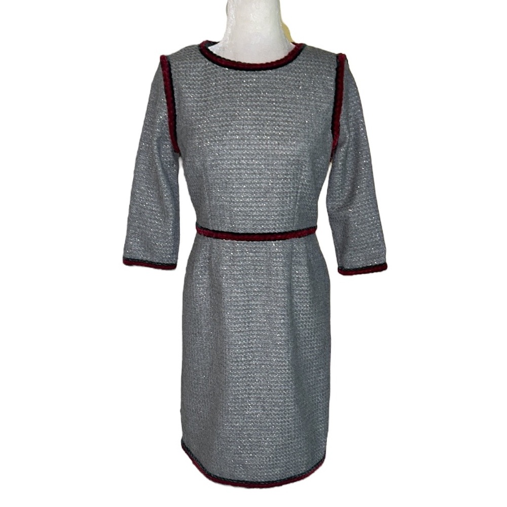 Vilagallo Gray & Metallic Silver Tweed Red Green Chenille Trim Sheath Dress - 4